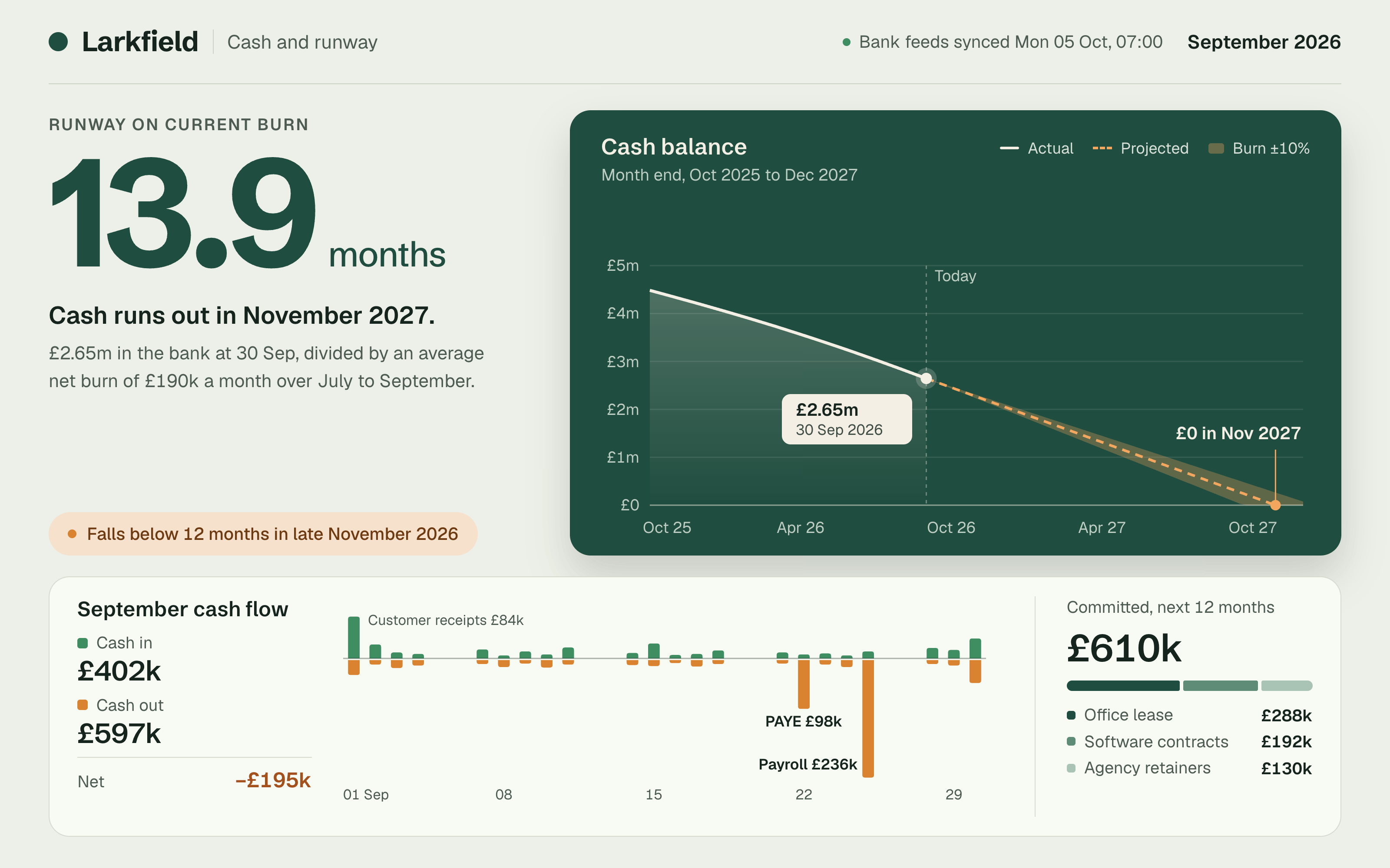 A cash and runway report: months of runway as the headline figure, a cash balance line projecting forward, and the month's cash in, cash out and committed spend