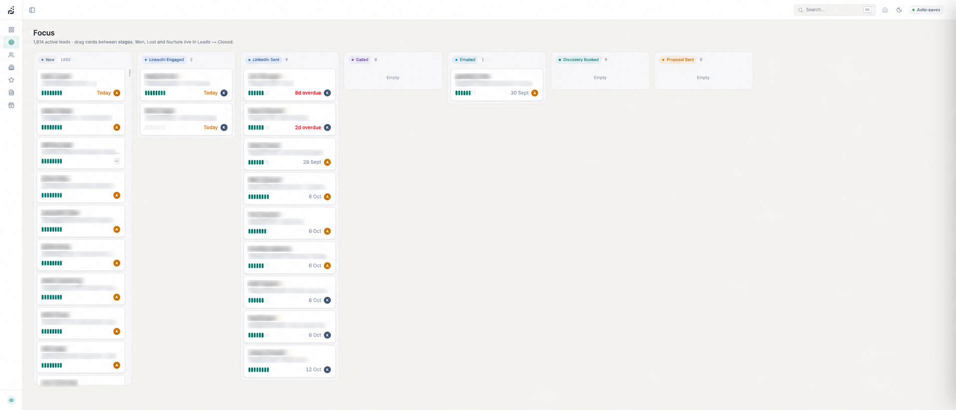 A sales pipeline board: leads as cards in columns by stage, each showing progress and a next date